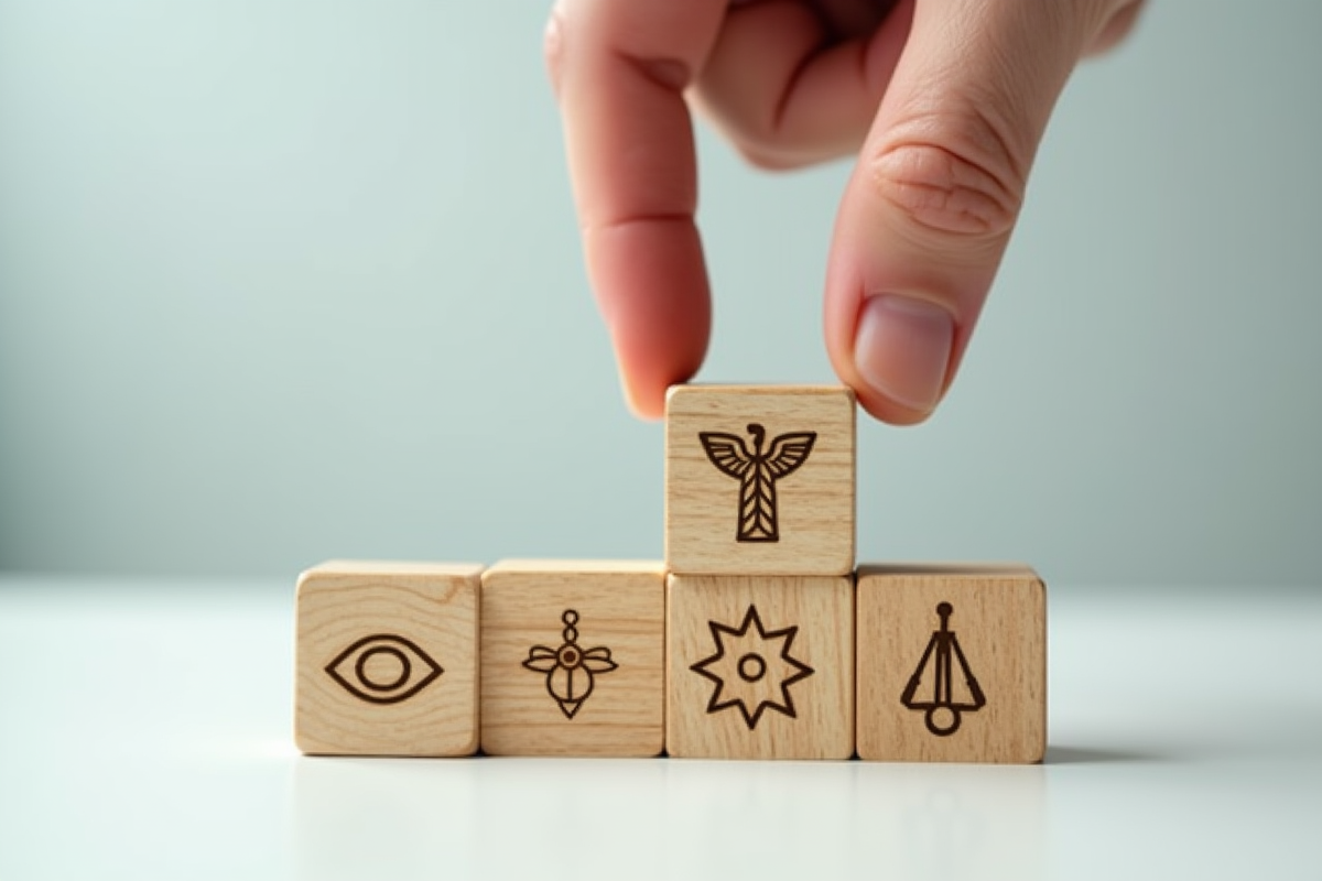 Main au-dessus de blocs en bois avec icônes représentant les principes éthiques