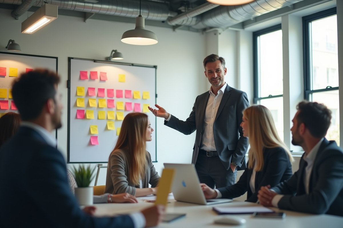 Manager guidant une séance de brainstorming en entreprise