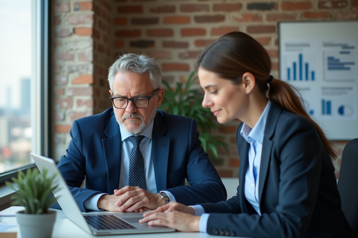 Manager en discussion avec une collègue dans un bureau moderne