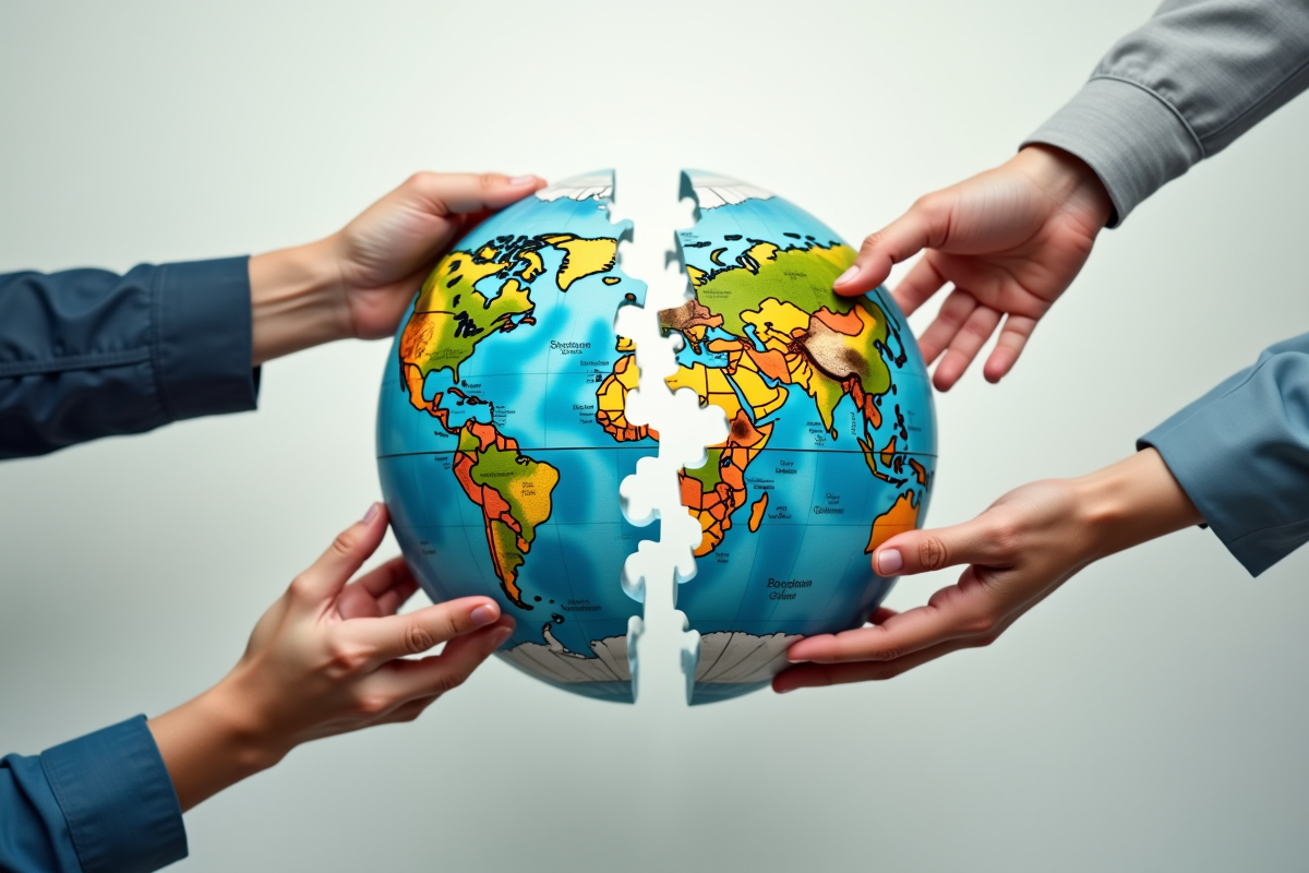 Mains de différents continents assemblant un globe puzzle