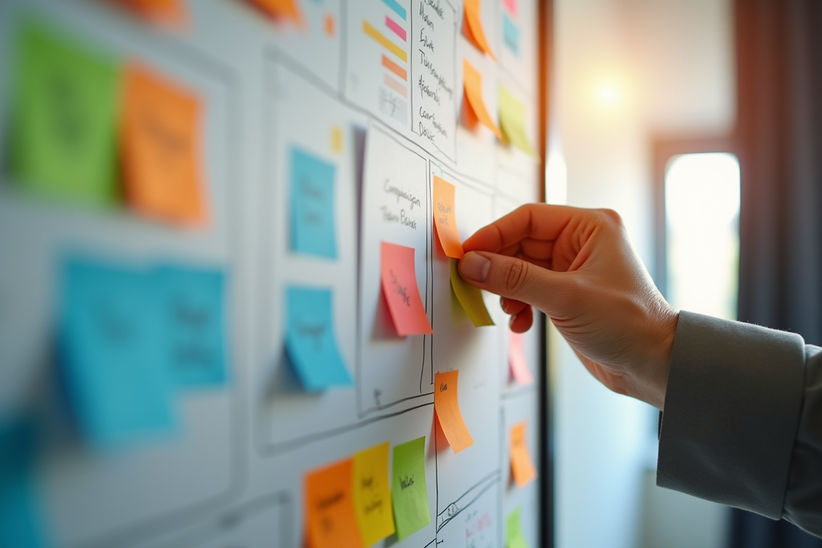 Mur d idees avec notes et diagrammes pour la strategie