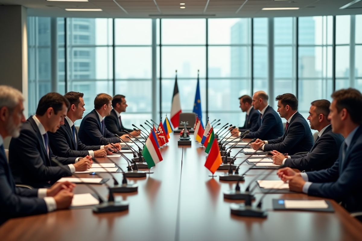 Négociation internationale avec diplomates et drapeaux