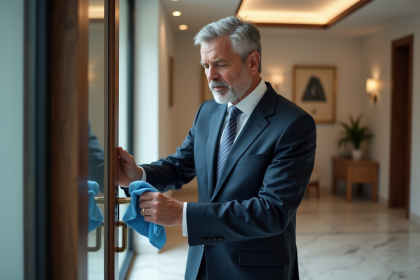 Homme d affaires nettoyant une poignée de porte en or avec un chiffon