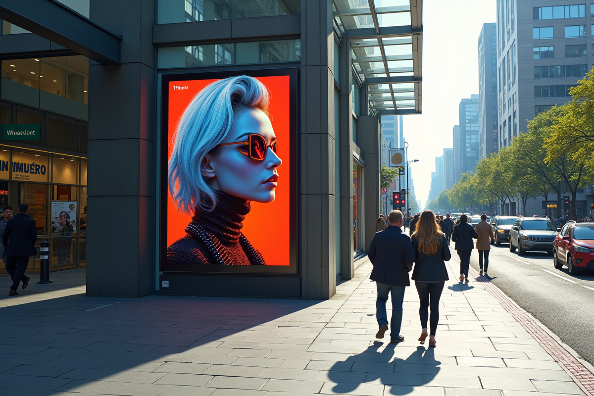 Panneau publicitaire moderne dans une rue animée ensoleillée