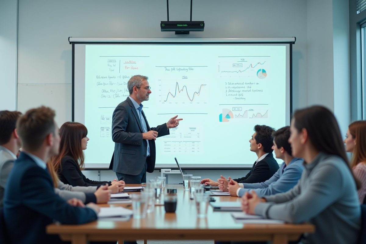 Professeur explique des concepts de comptabilite devant des etudiants