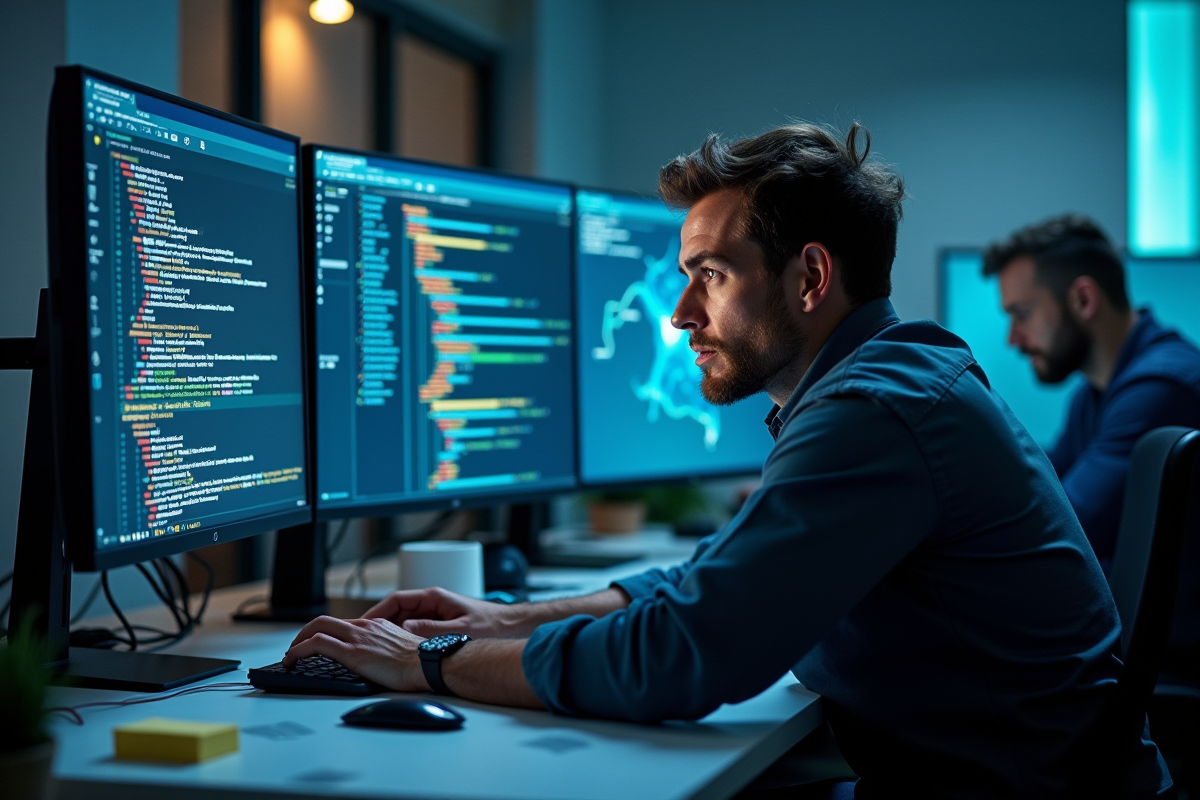 Professionnel informatique frustré devant ses écrans d