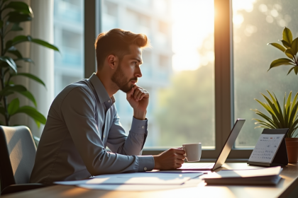 Professionnel pensif au bureau avec ordinateur et café