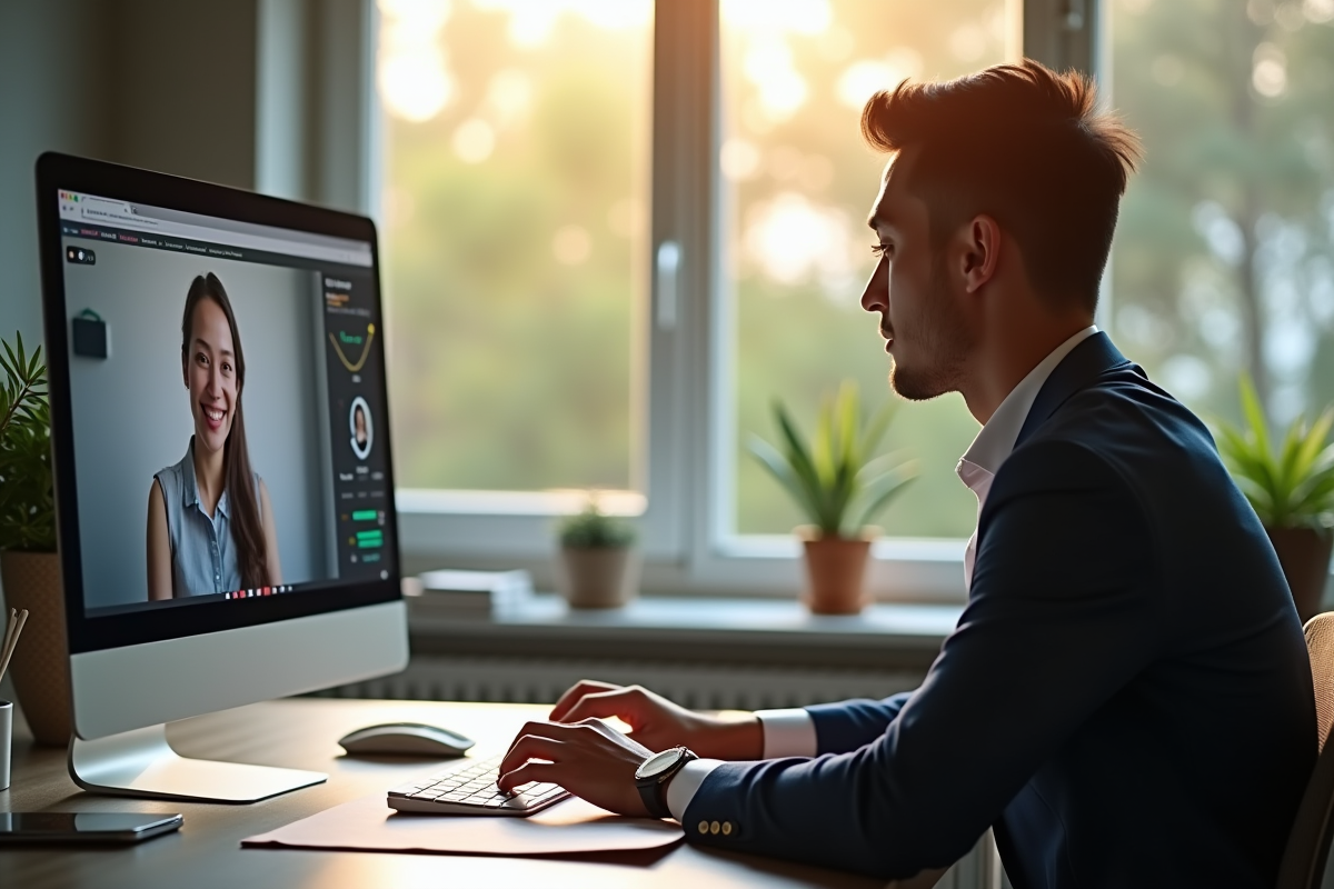 Professionnel en visioconference dans un bureau à domicile