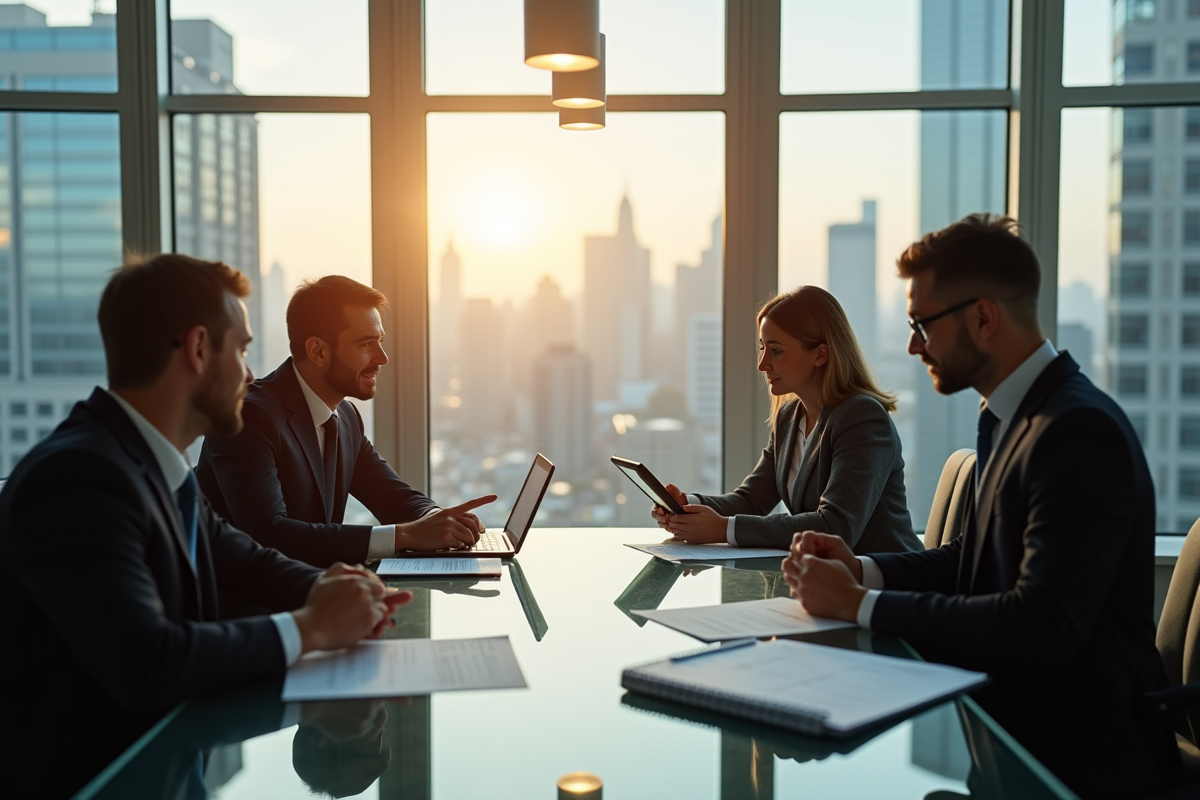 Professionnels d'affaires dans un bureau moderne examinant des documents