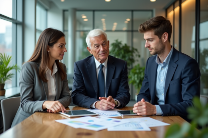 Trois professionnels en r&eacute;union dans un bureau moderne