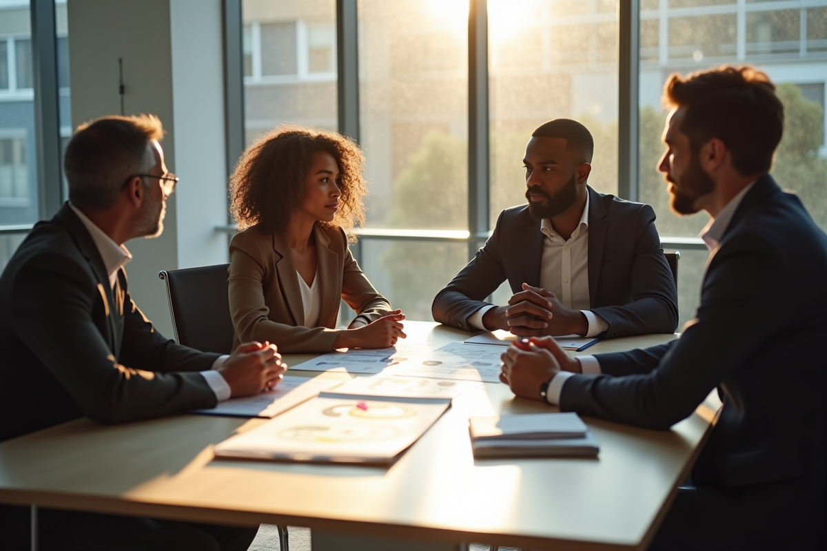 Professionnels en réunion autour d'une table moderne avec notes et schémas d'éthique