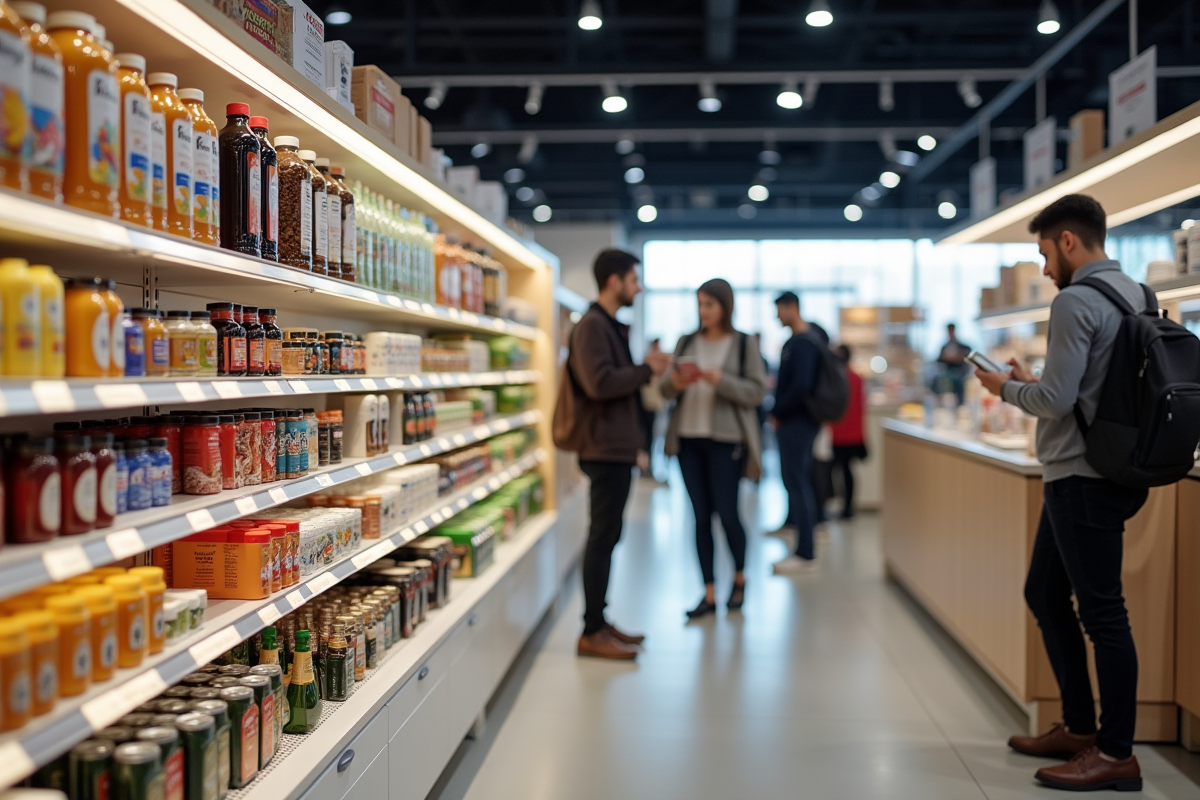 Rayon moderne avec produits variés en magasin lumineux