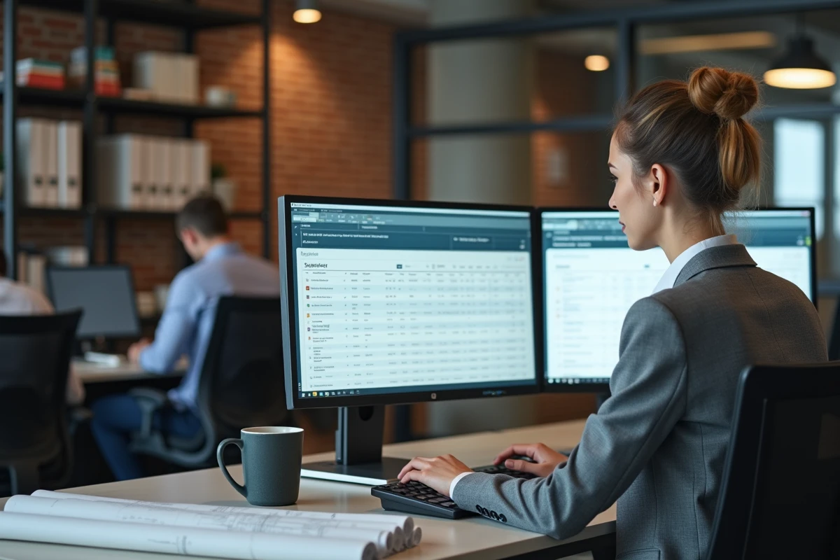 Responsable achats BTP passant une commande de matériaux sur une plateforme numérique professionnelle depuis son bureau
