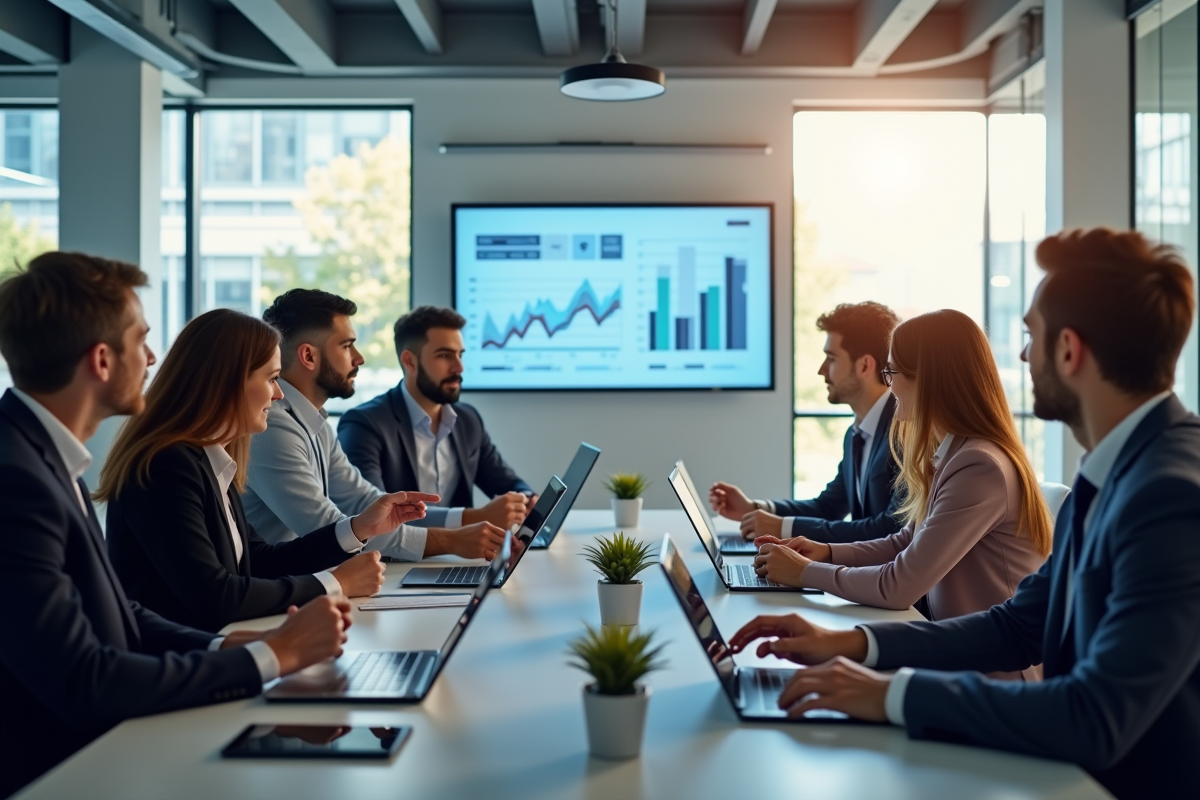 Réunion d'affaires moderne avec professionnels analysant des graphiques