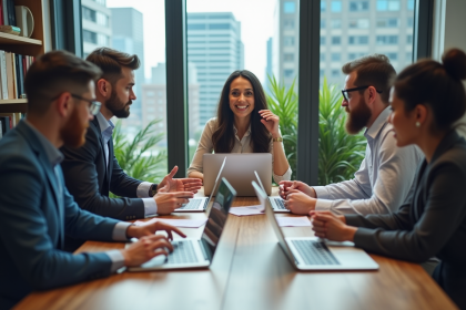 Groupe d'adultes divers en r&eacute;union de travail en bureau