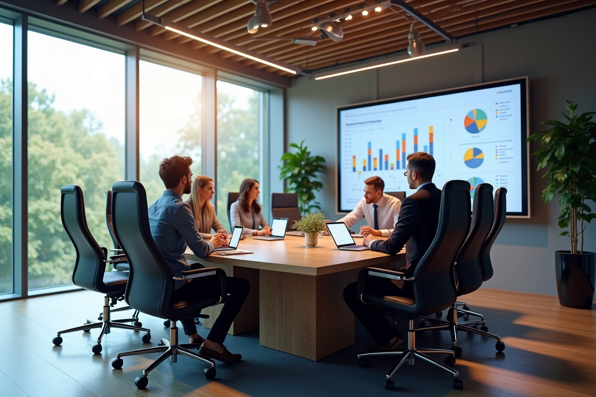 Salle de réunion moderne avec table en bois et écran digital