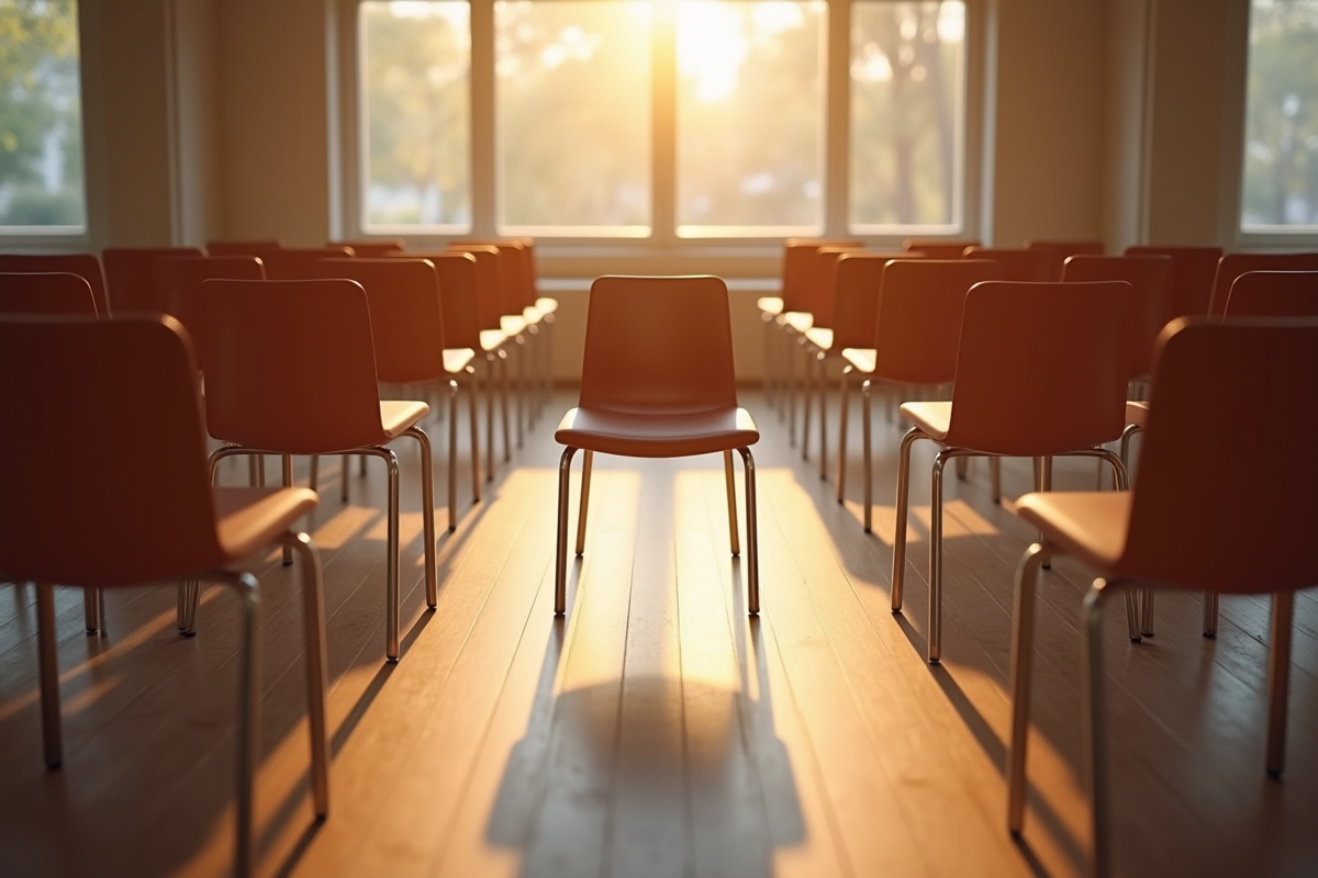 Salle de réunion communautaire vide avec une seule chaise