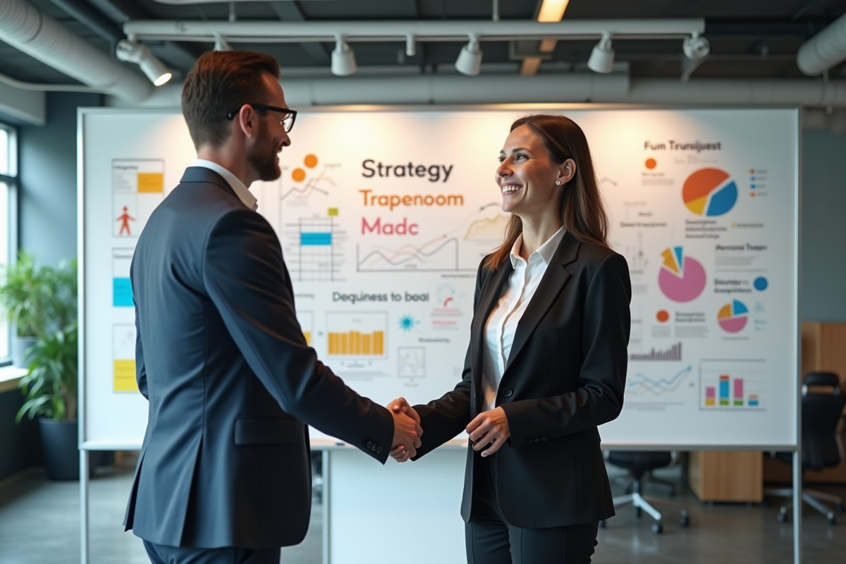 Deux responsables marketing se serrant la main dans un espace de coworking