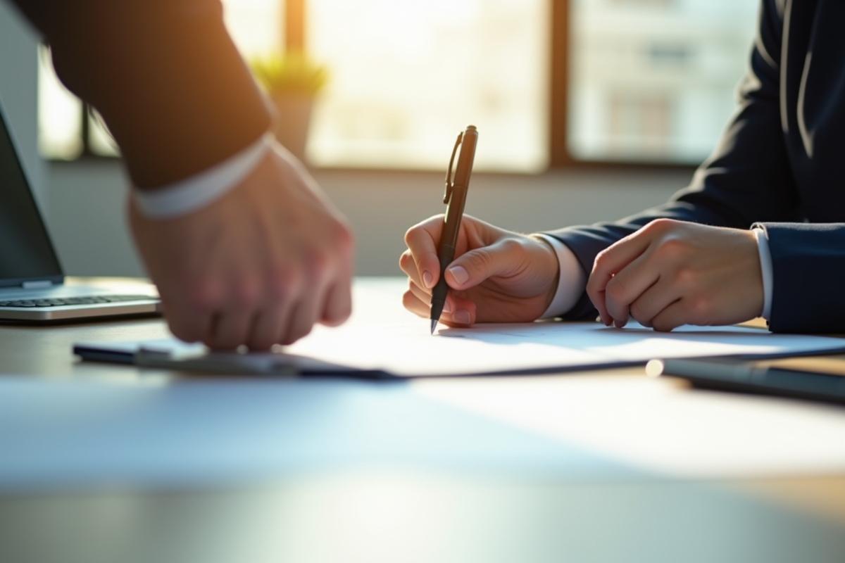 Personne signant un document officiel sur un bureau moderne