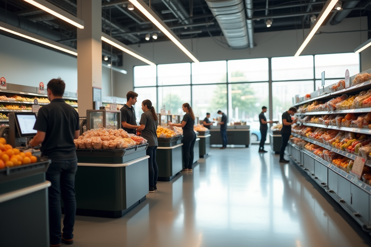 Zone de caisse moderne dans un supermarche avec personnel efficace