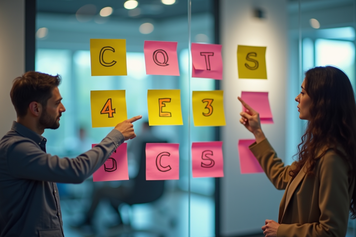 Notes colorées sur un mur avec équipe en réunion créative