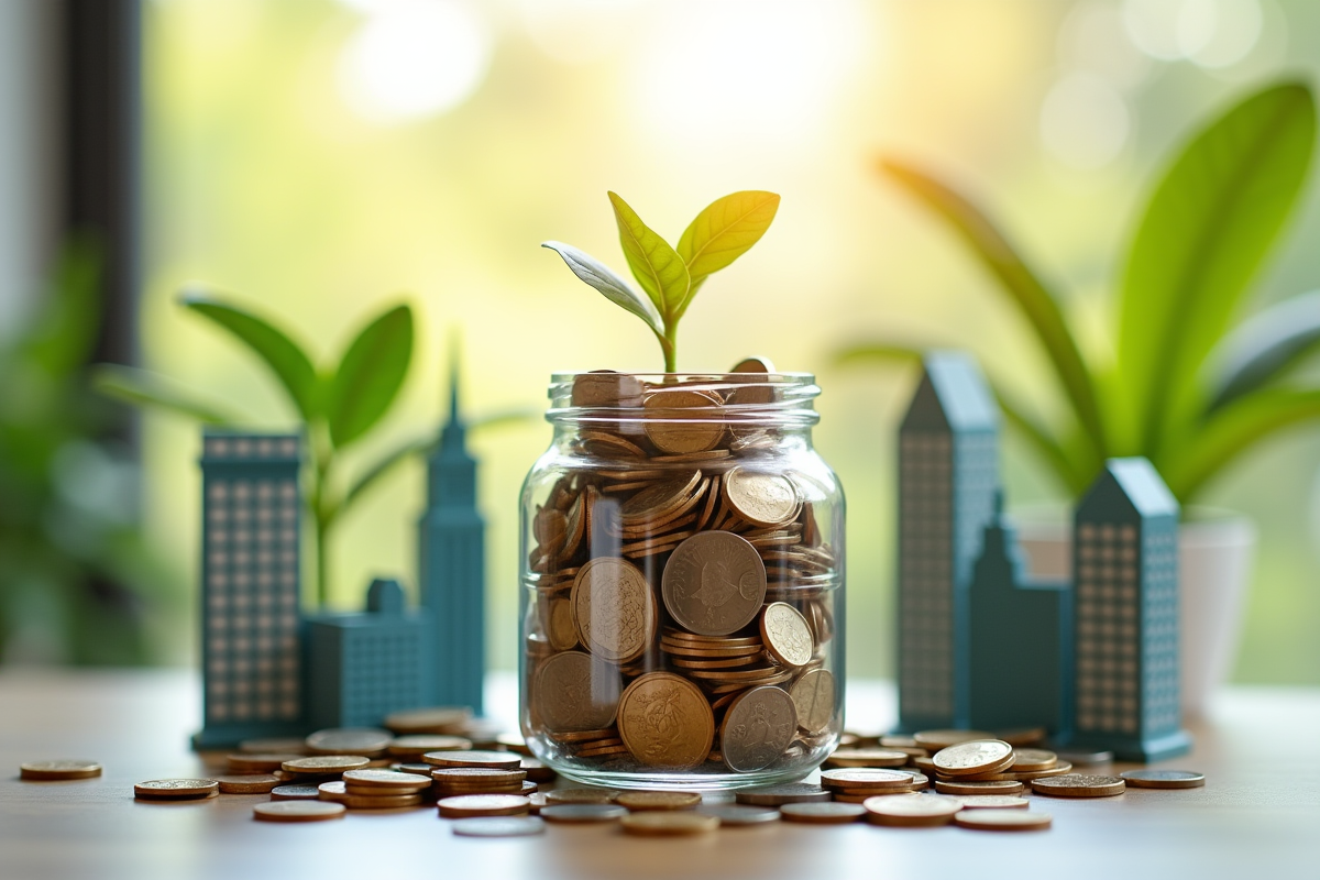 Tirelire avec pièces et billets sur un bureau ensoleillé