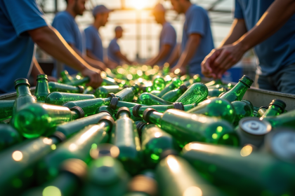 Groupe de personnes triant des bouteilles et canettes en métal dans un centre de recyclage moderne