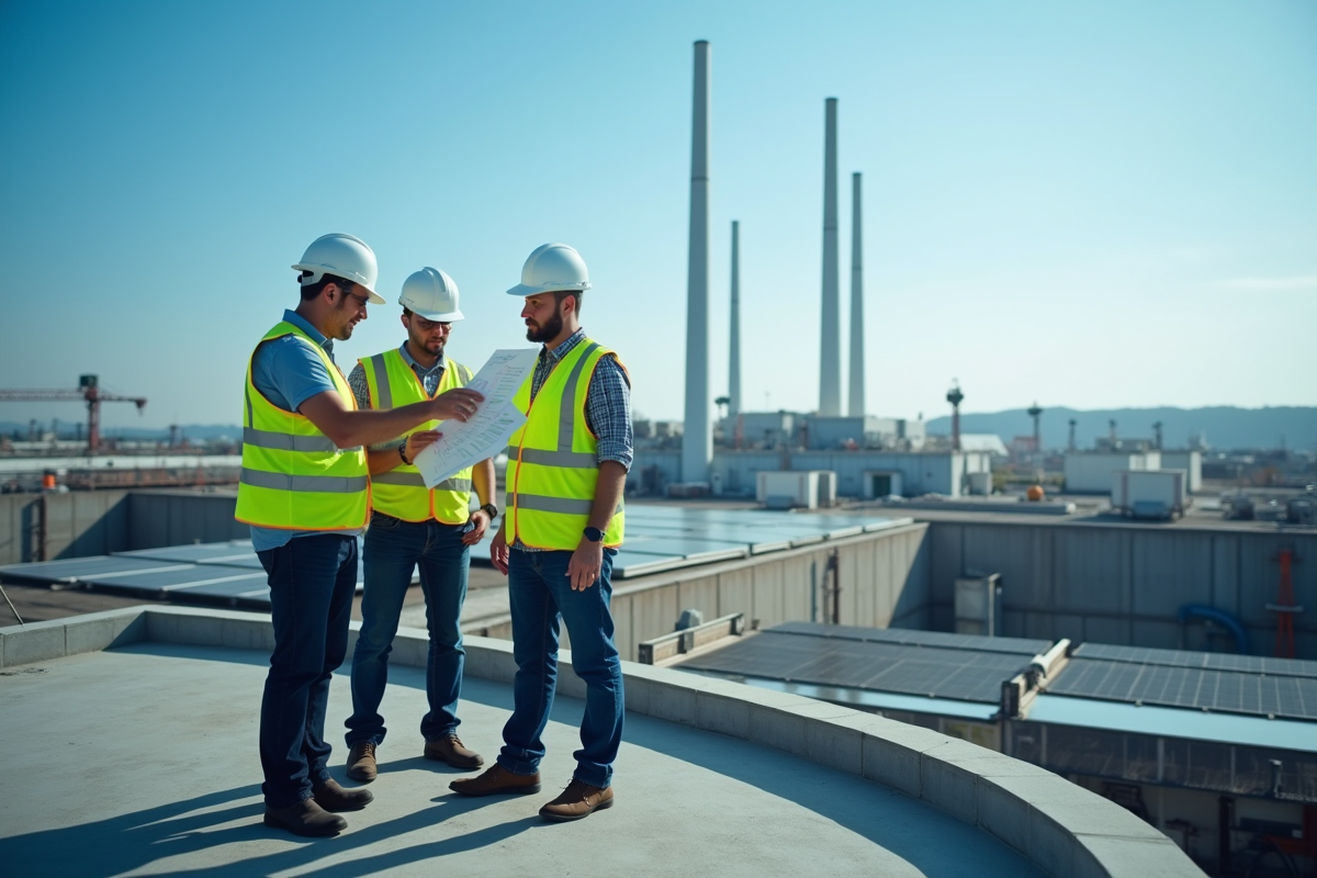 Usine moderne avec panneaux solaires et travailleurs en sécurité