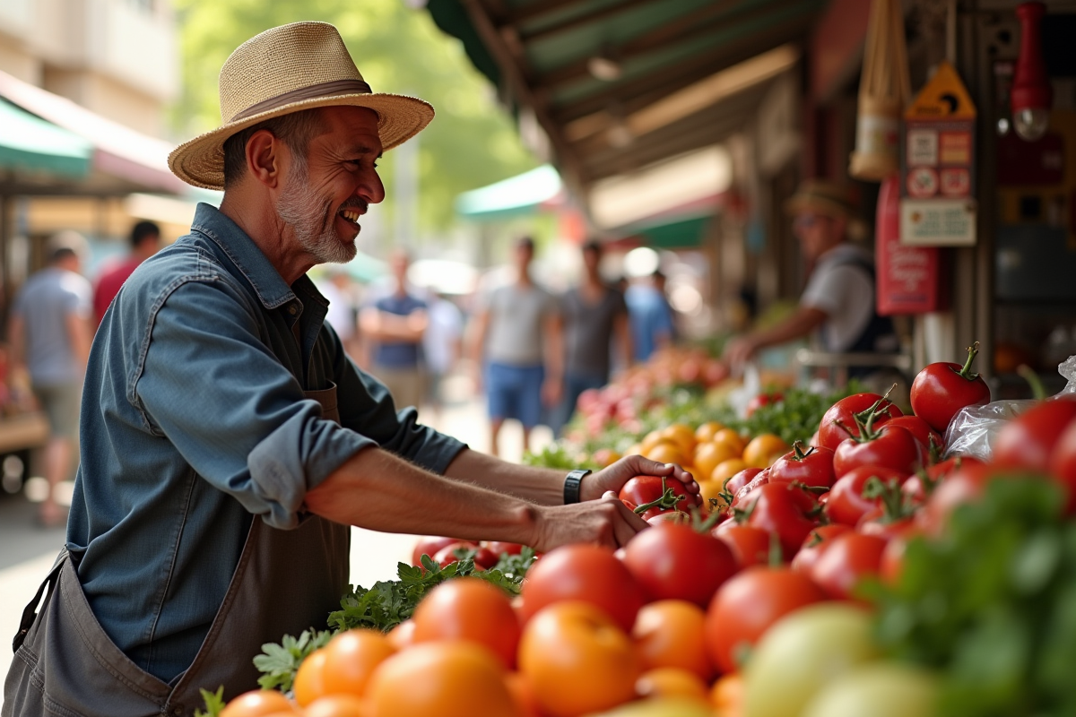Vendeur de marché arrangeant des produits colorés en plein air