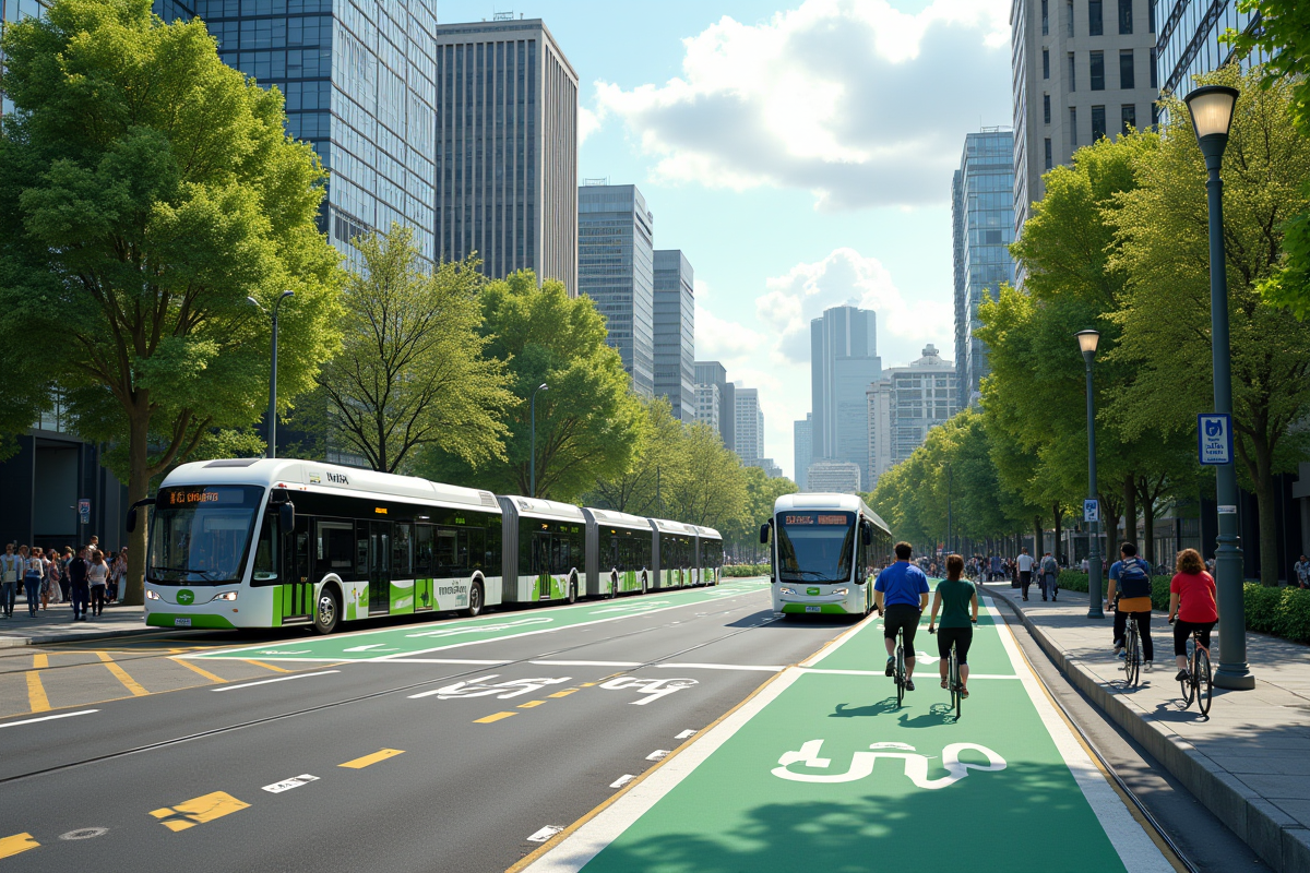 Rue urbaine animée avec bus électrique et cyclistes