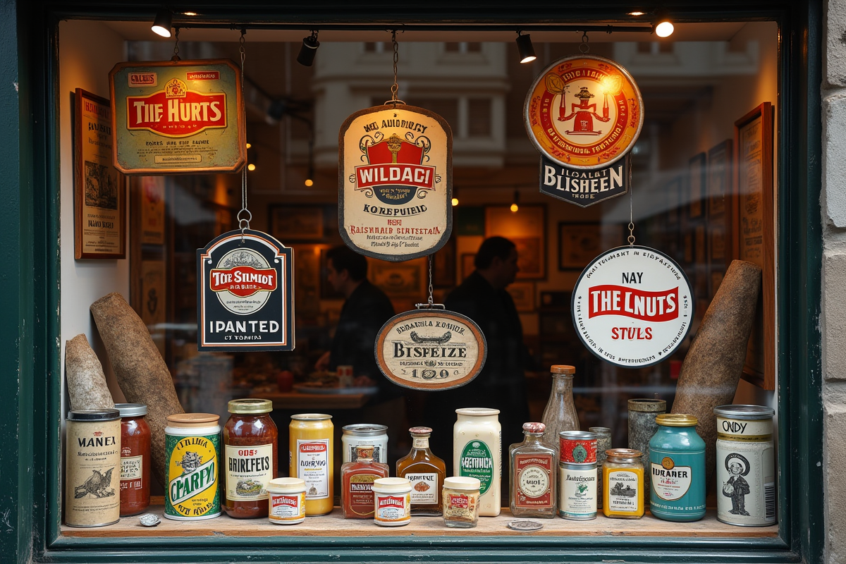 Vitrine d'une boutique ancienne avec logos et produits vintage